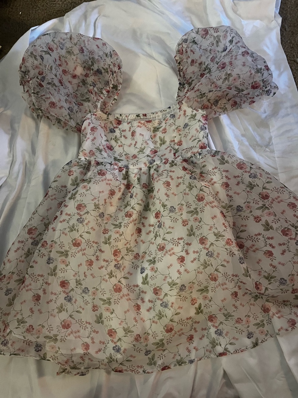 Baby Doll Dress Floral Puff-Sleeve Chiffon Mini Dress M